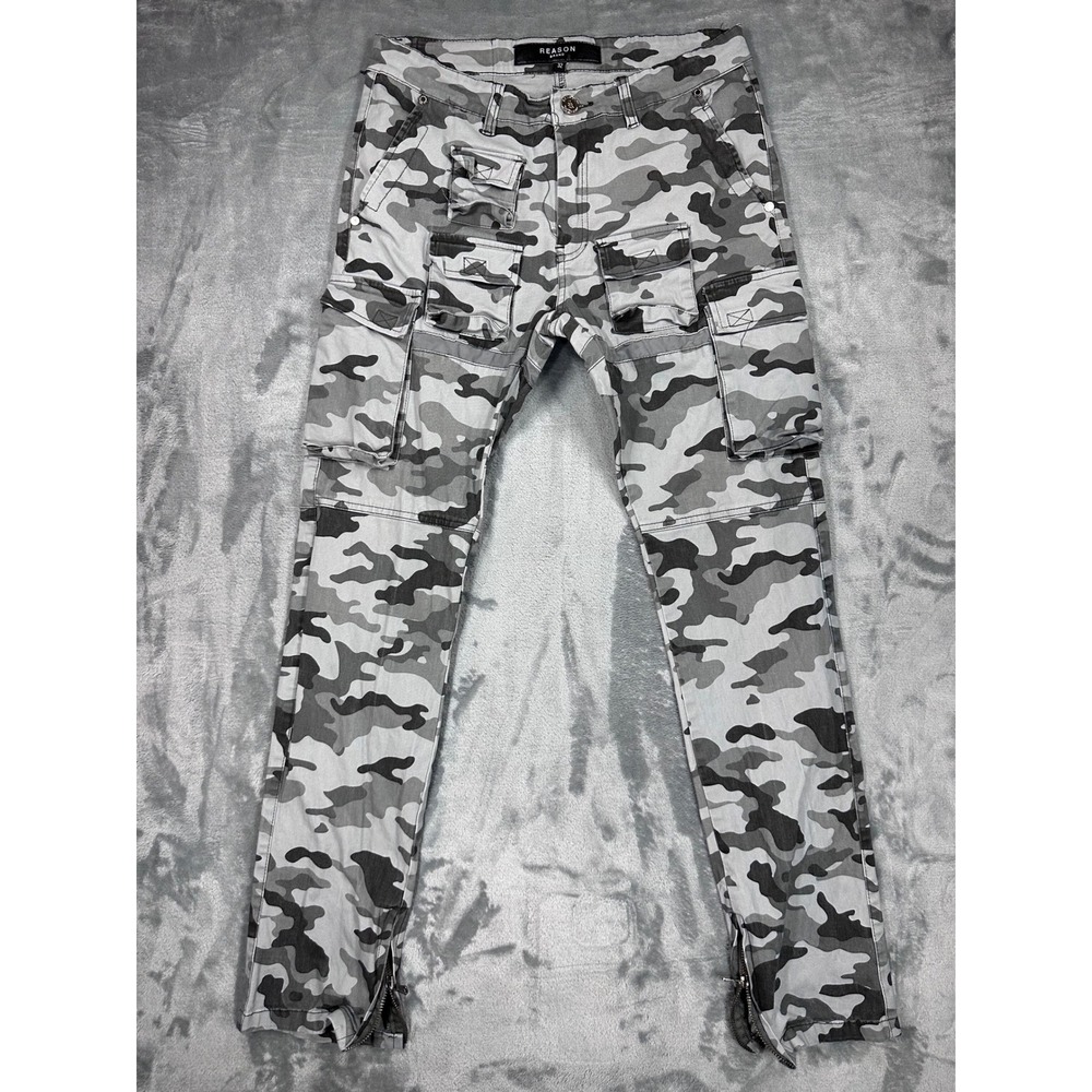 Reason Brand Mulberry Moto Camo Pants Mens 32 Grey Black Cargo Zipper Ankle Slim